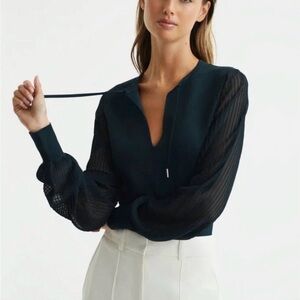 REISS Sloane tie neck hybrid knitted semi-sheer sleeve knit top